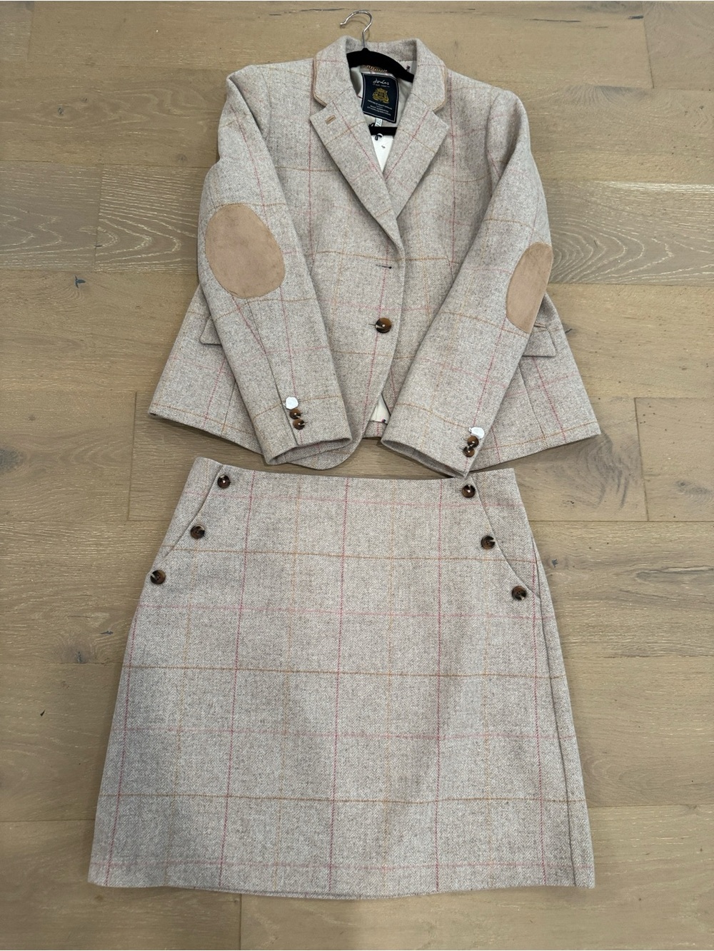 Joules Beige Plaid Tweed Blazer & Skirt Set with Tan Elbow Patches